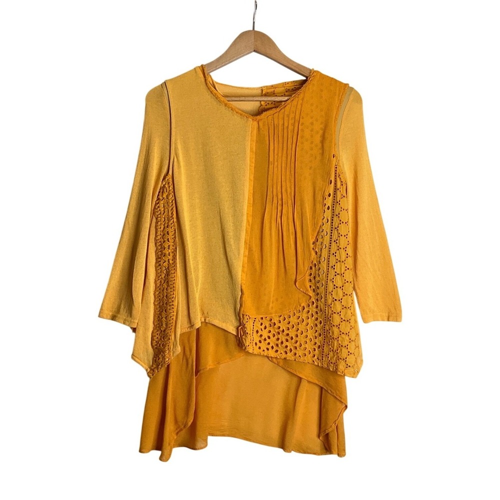 Lagenlook Top Orange Gold Mixed Media Eyelet Layered Boho Artsy Stretch Hippie L